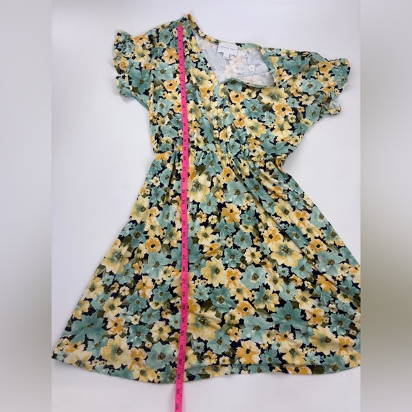 French Grey Dress Yellow/ Green Floral V Neck Tie Waist Short Sleeve- Med - Picture 6 of 6